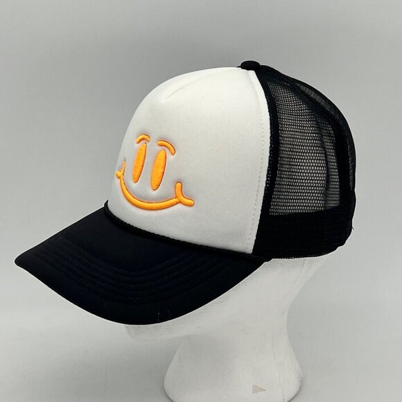 Smiley Face Trucker Hat Cap Mesh Back Black White Snap Back By Outdoor Cap - Picture 7 of 13